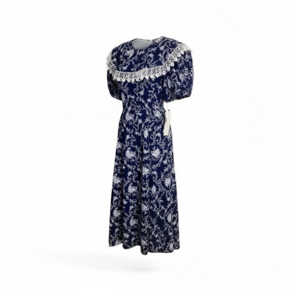 Scott McClintock Dress Size 10 Navy Floral Lace Bib Prairie Vintage Midi